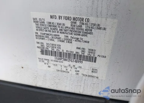 2015 Ford Taurus Police Interceptor z USA, uszkodzony, nr VIN 1FAHP2MK2FG148999